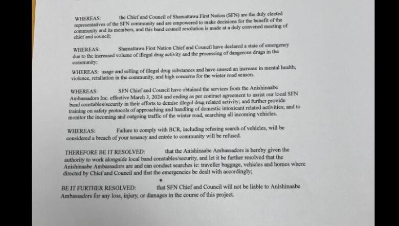 Words written on a piece of printed white paper are shown declaring a state of emergency over drug activity and orders to search vehicles.