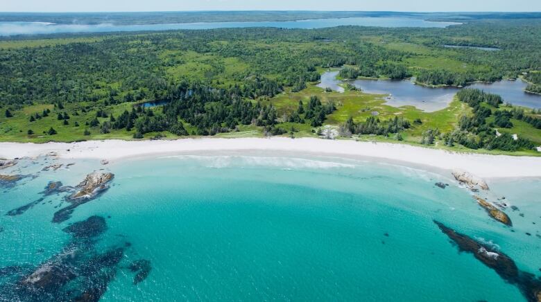 A bog near the coastline is seen in an aerial shot