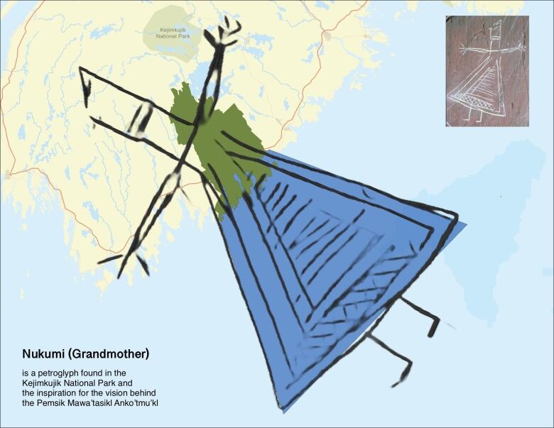 A picture of a petroglyph that looks like a figure wearing a skirt is superimposed on a picture of a map of Nova Scotia's southern coast