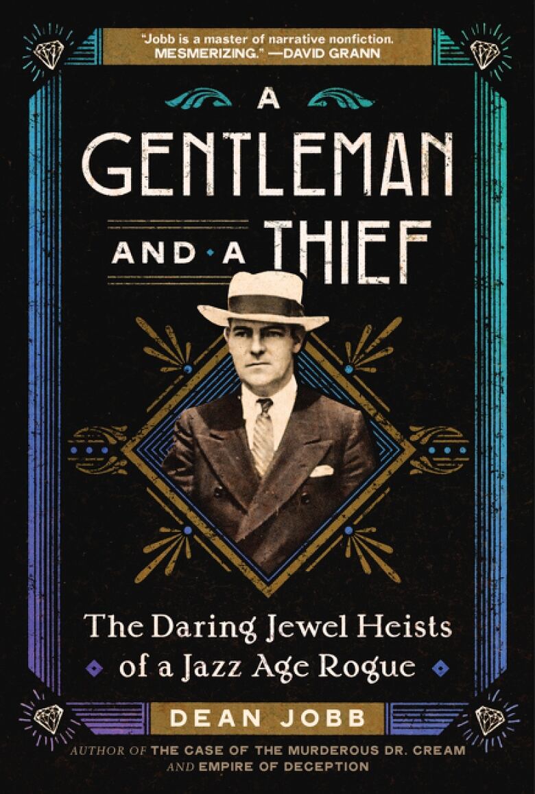 An art deco black, blue and gold book cover featuring a photo of an old-timey gangster.