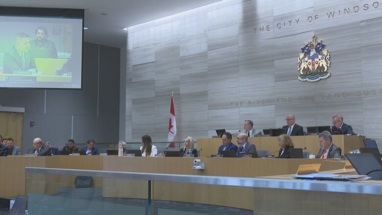 Inside council chambers during a meeting at city hall.