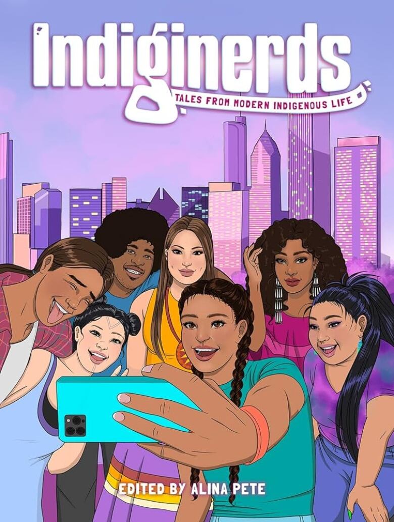 An illustrated book cover featuring a group of Indigenous youth taking a selfie.