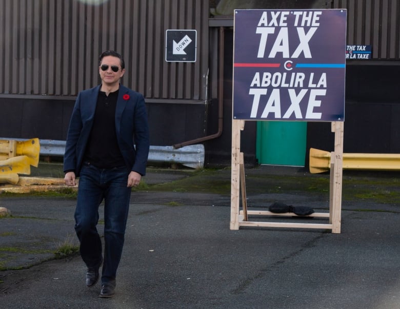 Conservative Leader Pierre Poilievre holds a press conference on his Axe the Tax message from the roof a parking garage in downtown St. Johns on Friday, Oct. 27, 2023.