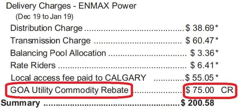 An Enmax electricity bill showing a $75 credit.