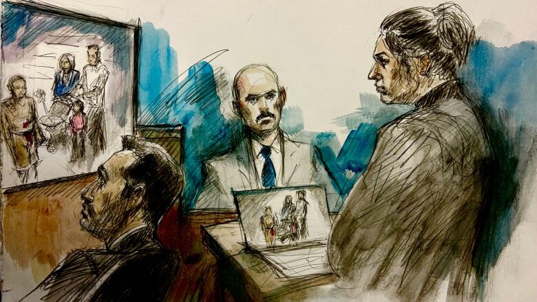 Umar Zameer, left, watches the monitor showing his family and the person who was stabbed. A witness, Det. Adam Taylor, is questioned by Crown attorney Karen Simone.