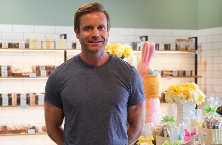 A man with his hands behind his back stands in the middle of a chocolate store.