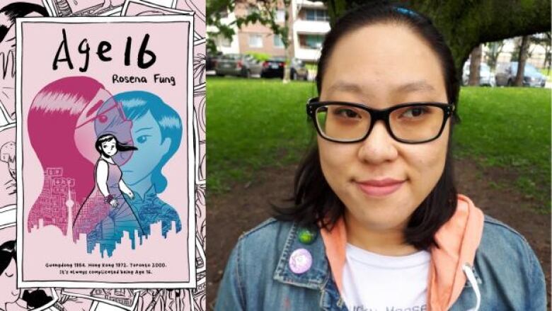 Age 16 by Rosena Fung. Illustrated cover shows a teen girl walking with windswept hair, two faces in pink and blue and the Toronto city skyline behind her. Headshot of an East Asian author with black-framed glasses.