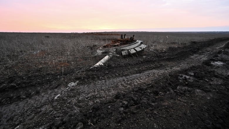 A turret from a destroyed Russian tank is seen near the Ukrainian village of Robotyne in February 2024.