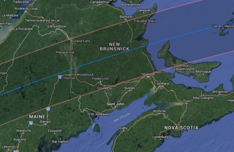 An image showing the map of New Brunswick falling in the eclipse's path of totality.