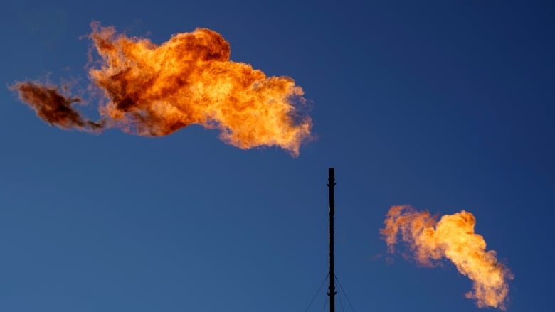 Flares burn off methane and other hydrocarbons at an oil and gas facility.