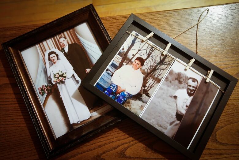 Two frames. The one on the left shows a couple in traditional wedding attire. The one on the right has separate photos of a man and a woman.