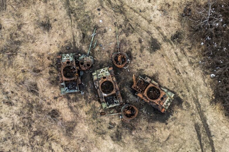 An aerial view shows a group of destroyed Russian tanks, as seen near the Ukrainian village of Bohorodychne in Februrary 2024.