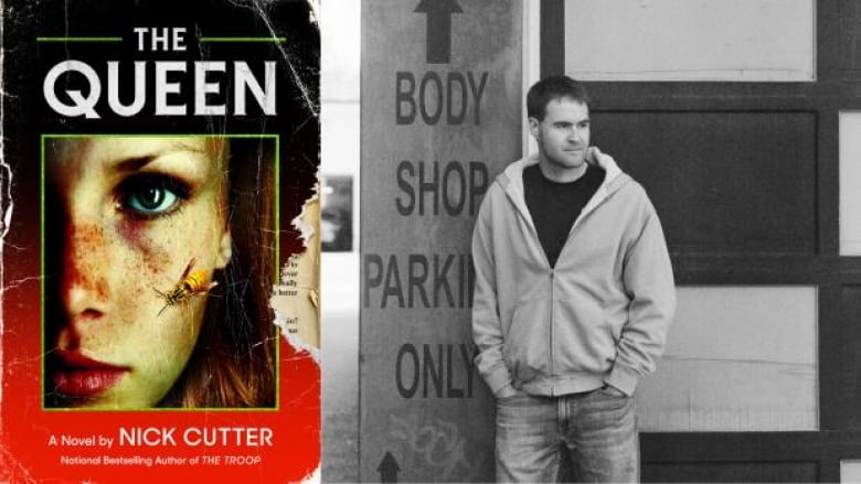 a torn red book cover featuring a bee on a woman's face next to a black and white photo of a man in a hoodie and jeans looking off camera.