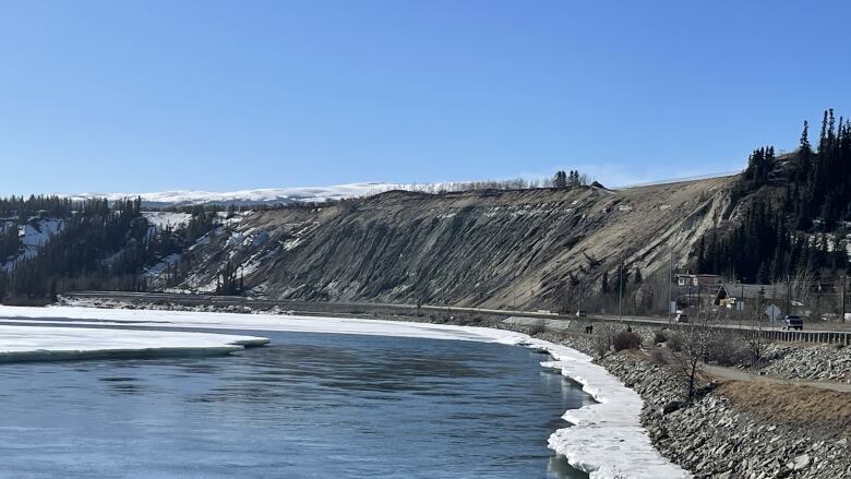 A river with ice on the banks, beside a road beneath a treed escarpment.