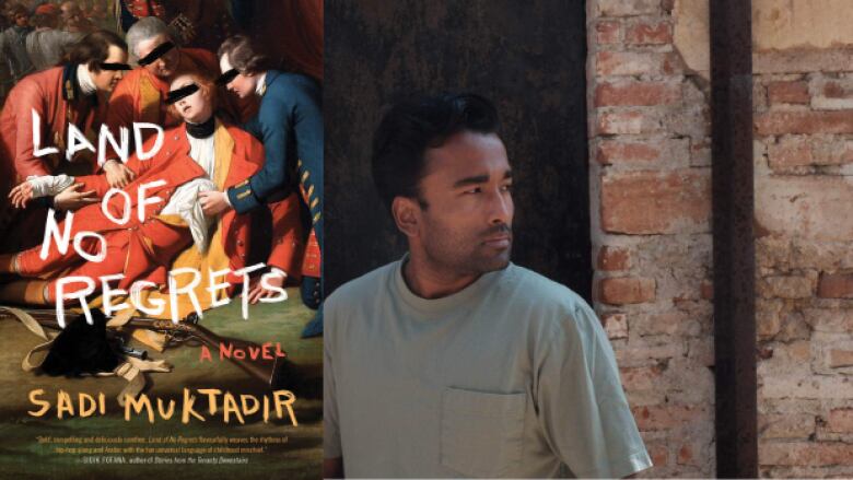 A Brown man with short dark hair looks off camera wearing a pale green t shirt, next to a book cover of a renaissance painting with black bars over the men's eyes.