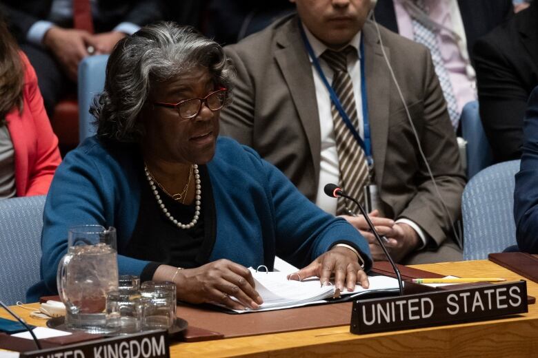 A bespectacled, dark-skinned woman with greying hair sits and speaks at a rounded legislative chamber.