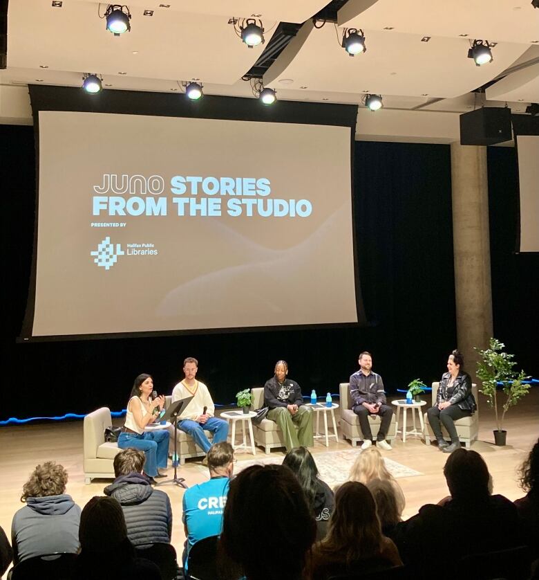 Damhnait Doyle, far left, hosts the 2024 Stories from the Studio, which included, from left to right, producers Sam Avant, Wondagurl, Joel Stouffer and Hill Kourkoutis.