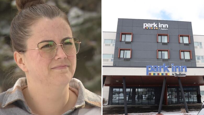 A woman stands outside of a hotel, also pictured, in this collage photo.