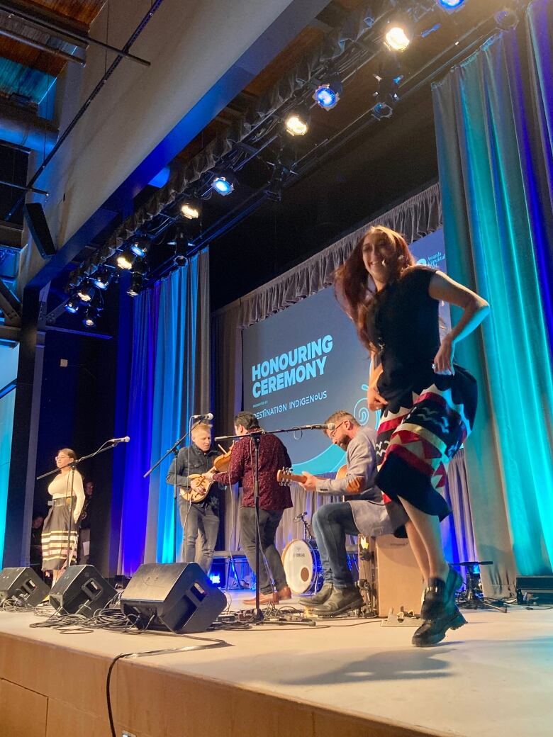 2024 Juno nominee Morgan Toney is joined onstage with dancer Sarah Prosper at the Honouring Ceremony.