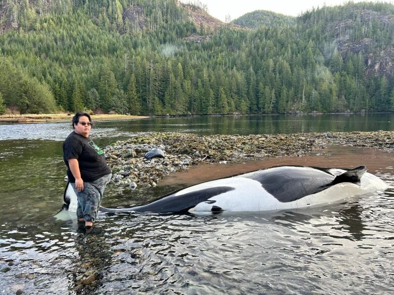 A woman in an inlet with a beached orca lying dead.