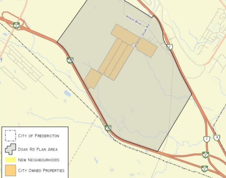 A map showing the southeastern corner of Fredericton.