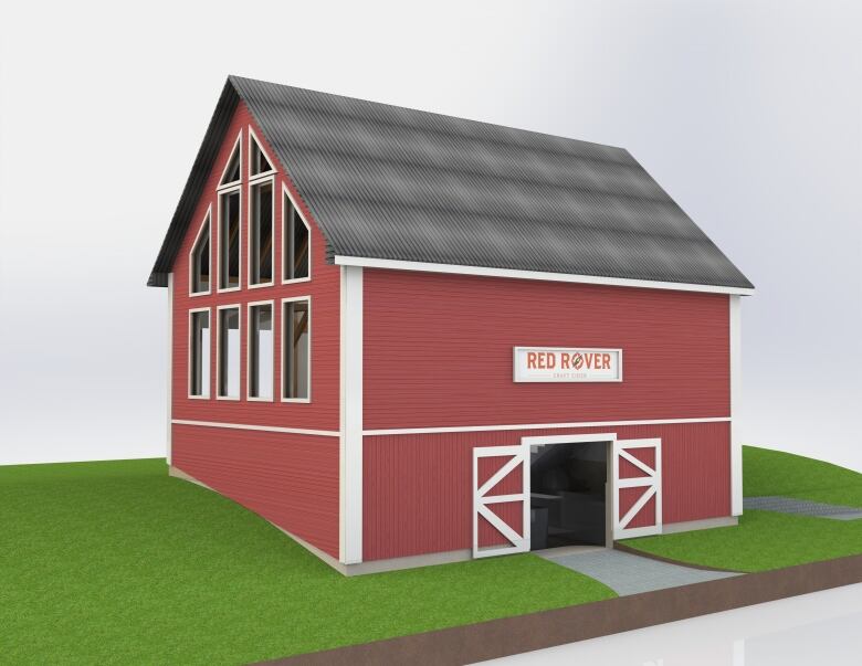 A artist's rendition of the future barn, painted in red with large windows on one side and a sign over the door.