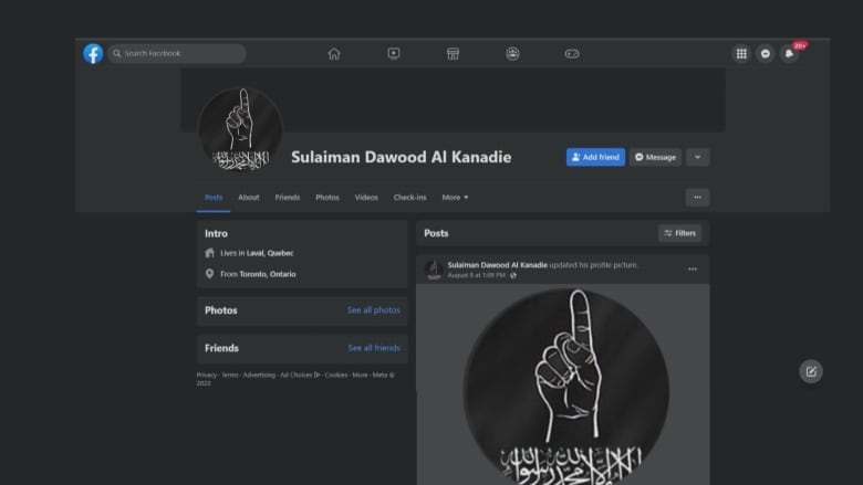 A screenshot provided to CBC News shows a now-inactive Facebook profile of Sulaiman Dawood al-Kanadie, stating he is from Toronto and worked in Laval, Que. 