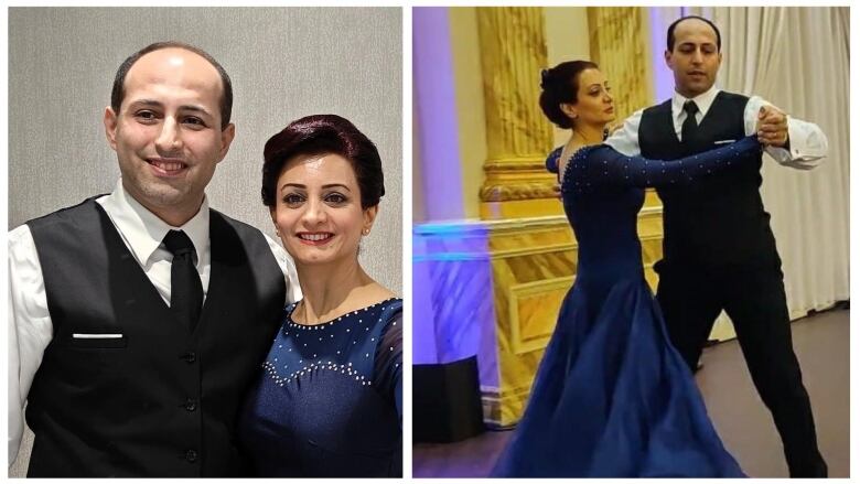 Two pictures: on the left Zereshkian and Foroughi smile at the camera. On the right is a picture of the couple dancing in ballroom attire.