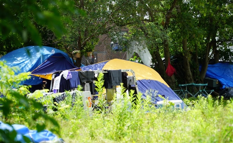 Tents and clothing seen on vacant lot with grass