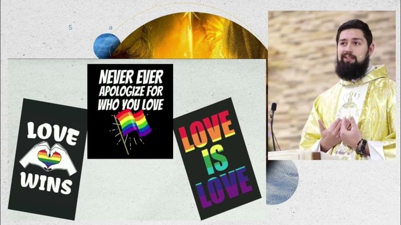 A priest speaks from the pulpit. To the left of the image, three posters can be see. They say, from left to right, Love Wins, Never Apologize for Who You Love, and Love is Love. 