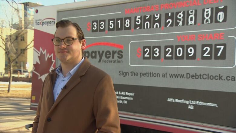 A man stands in front of a digital sign with numbers on it.