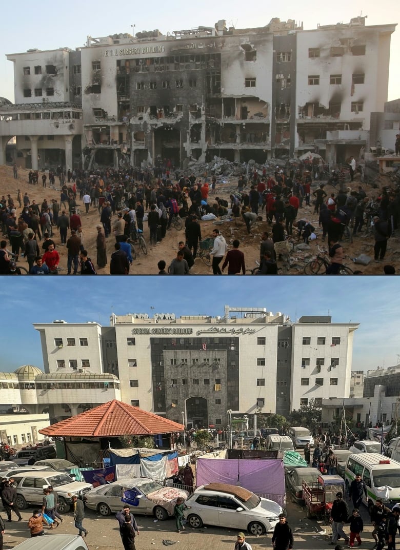 A combination image shows people gathered outside a building, bottom, and that same building destroyed, top.