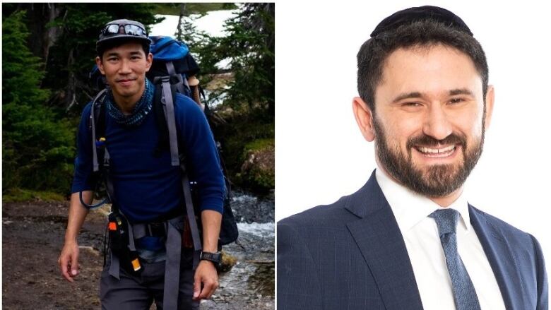 Two pictures side by side. The one on the left shows a man wearing a backpack, the other shows a man wearing a suit and smiling. 