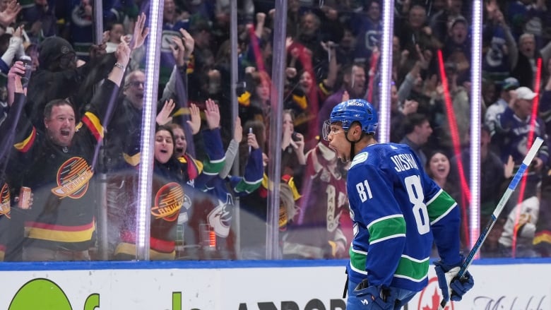 A hockey player in a Vancouver Canucks blue jersey skates near the glass with an appreciative look while jubilant fans celebrate his goal.