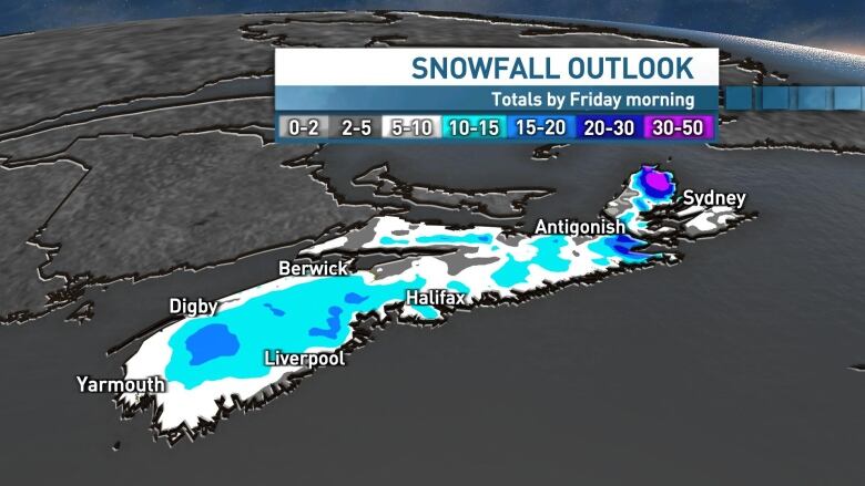 Variable snowfall amounts in the 5 to 15 cm range are looking most likely for Nova Scotia on Thursday and into Friday. 