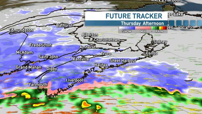 Snow will track into the province from west to east throughout the day on Thursday.