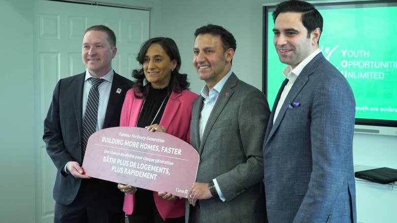 From left to right, Mayor Josh Morgan, Liberal MP and president of the treasury board Anita Anand, federal minister of justice Arif Virani, and London North Centre MP Peter Fragiskatos. All four spoke at the announcement of a $6 billion infrastructure fund in London, Ont.