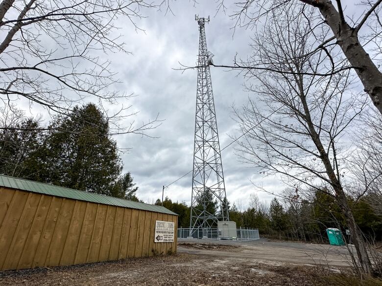 A cellphone tower in a rural village around the start of spring.