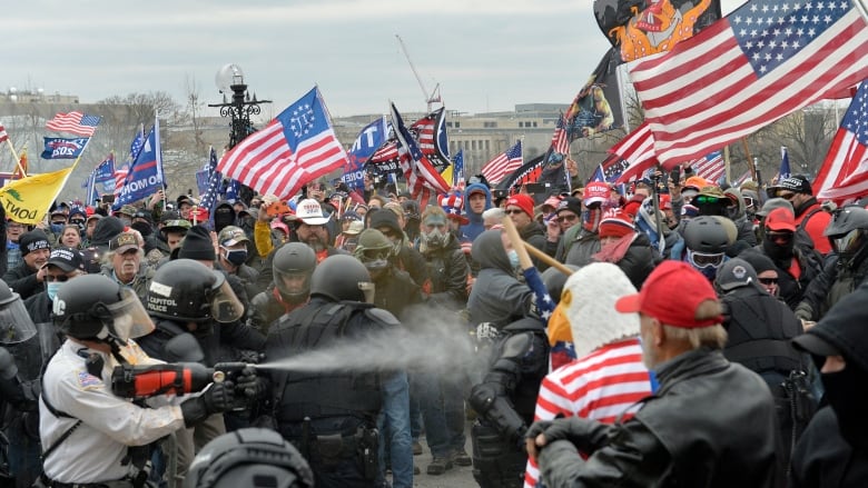 An angry mob holding flags