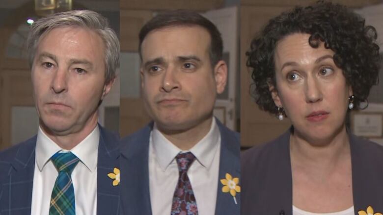 A collage of three people: From the left: Premier Tim Houston, Nova Scotia Liberal Leader Zach Churchill (centre) and Nova Scotia NDP Leader Claudia Chender (right). 