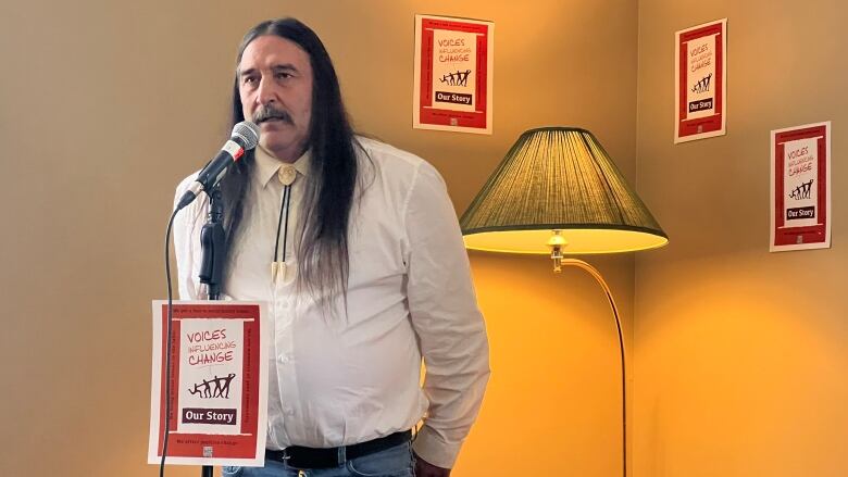 A man in a white shirt with long hair speaks into a microphone. 