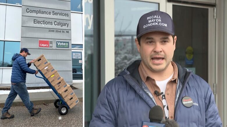 two photos. a man wheels a cart of brown boxes. a man speaks into microphones.