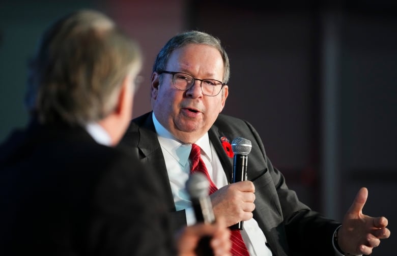 U.S. Ambassador to Canada David Cohen takes part in an armchair discussion with President and CEO at Canadian Manufacturers and Exporters Dennis Darby during the 2023 National Manufacturing Conference in Ottawa on Tuesday, Nov. 7, 2023.