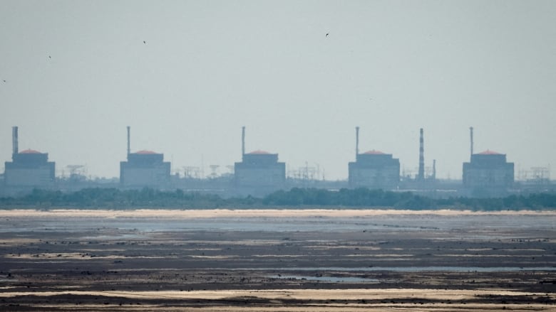 A nuclear power plant is seen in the distance.