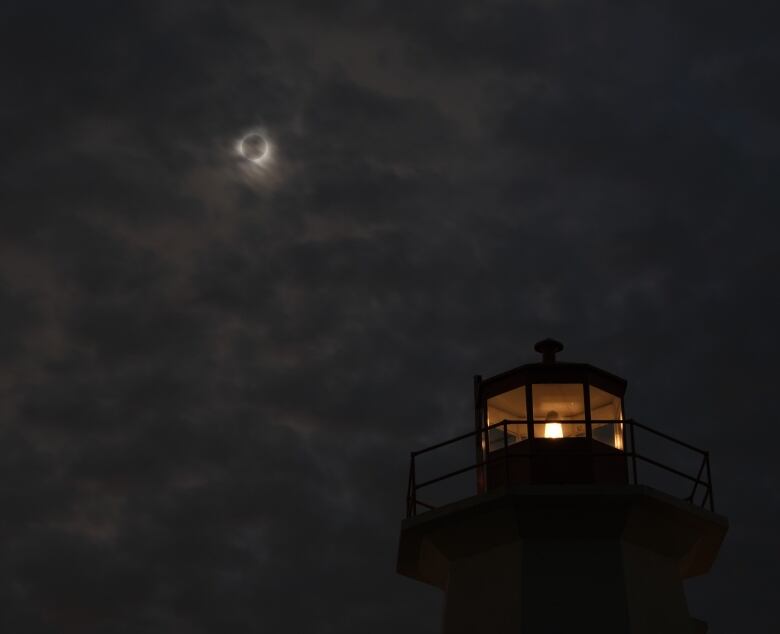 A total solar eclipse in the sky over a lighthouse.