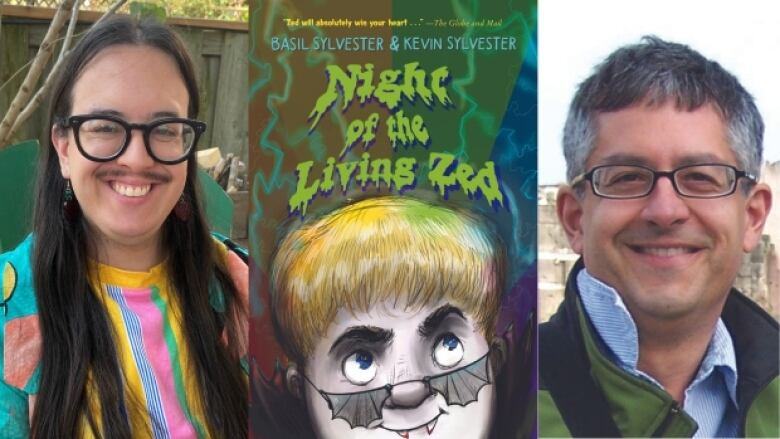 Night of the Living Zed by Basil Sylvester and Kevin Sylvester. Illustrated cover shows a nonbinary tween with blond hair and wearing batwing sunglasses and fangs. Composite of two author headshots.