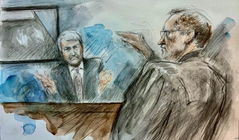 Court sketch showing a man testifying and a crown attorney speaking to him. 