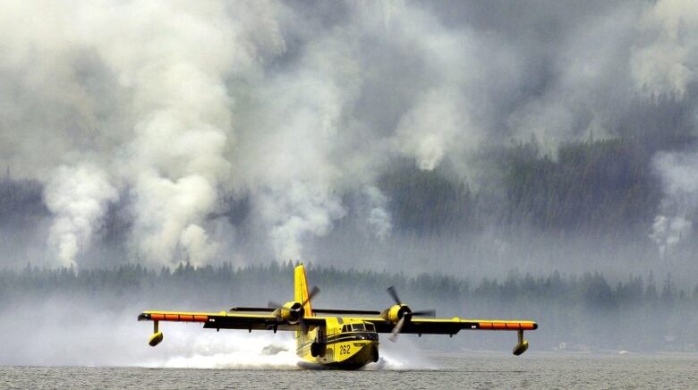 A plane lands on a body of water.