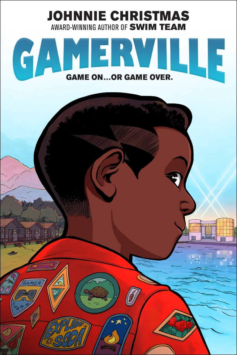 Gamerville by Johnnie Christmas. Illustrated book cover shows a young Black teen in a red jacket with many patches, looking out at a body of water.