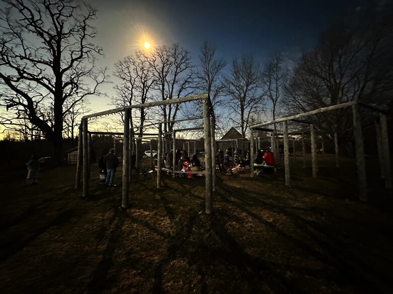 A firepit surrounded by wooden posts and bare trees is cast in shadow.